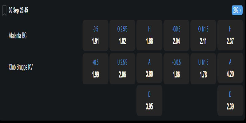 Atalanta vs Club Brugge KV - bảng tỷ lệ kèo trận đấu