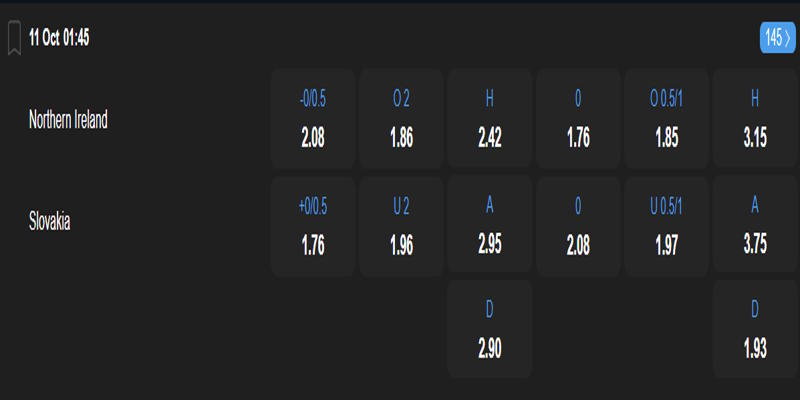 Bắc Ireland vs Slovakia - bảng tỷ lệ kèo