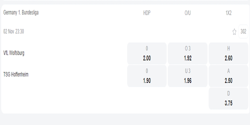 Tỷ lệ kèo trận đấu Wolfsburg vs Hoffenheim